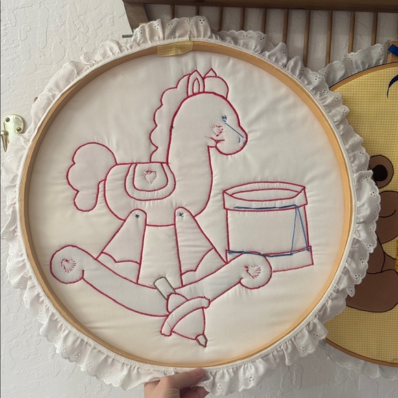 Vintage Style Patchwork Embroidered Hoops Primary Colors Horse Bear Decor - Picture 5 of 10